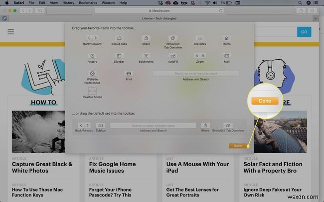 Safari 도구 모음, 즐겨찾기, 탭 및 상태 표시줄 사용자화