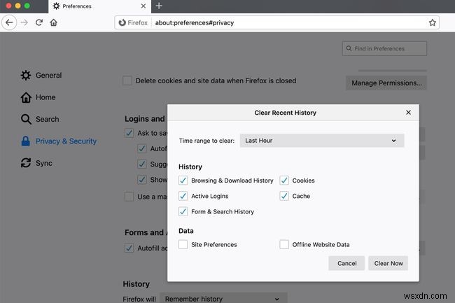 Firefox에서 인터넷 사용 기록 및 개인 데이터 관리