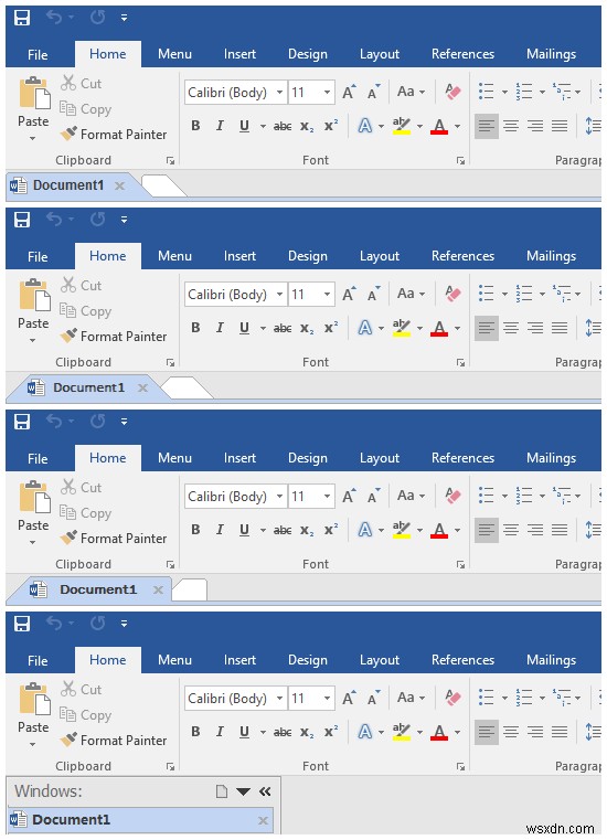 Windows의 Microsoft Office 인터페이스에 탭 추가