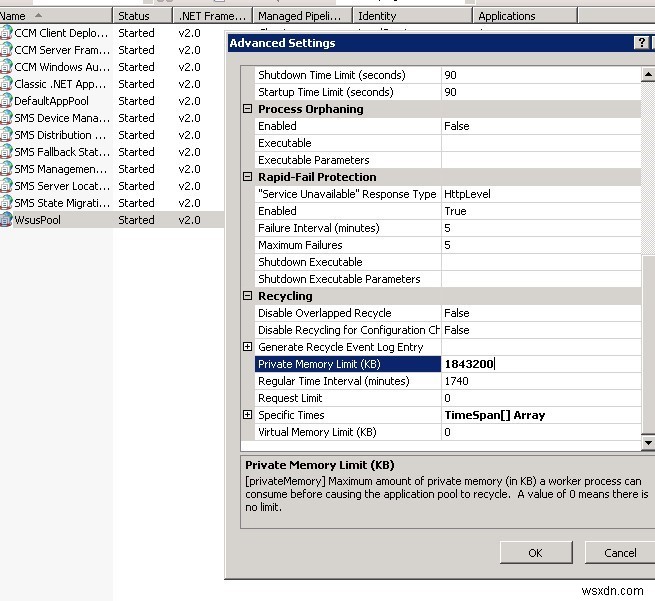 Windows 업데이트 오류 0x80244022 및 WsusPool 메모리 제한