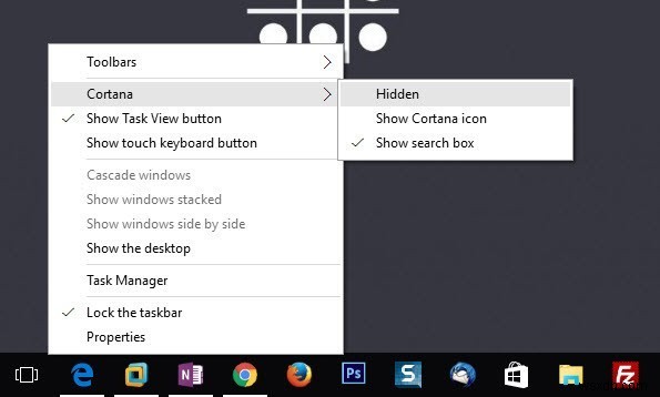 Windows 10 작업 표시줄에서 Cortana 검색 표시줄 및 작업 보기 아이콘을 제거하는 방법