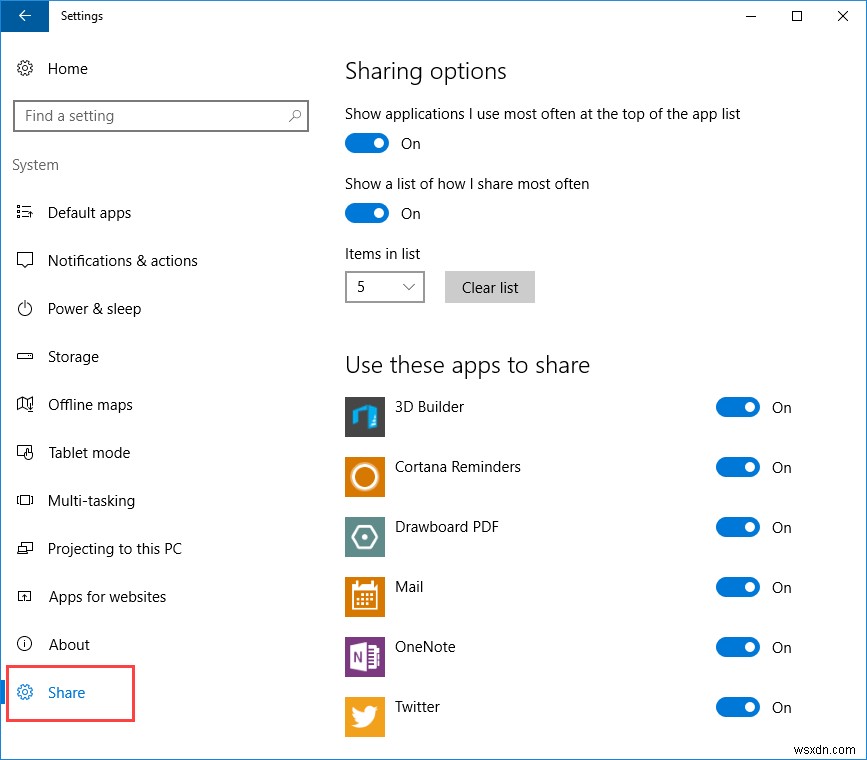 Windows 10 설정 앱에서  공유 설정  옵션을 활성화하는 방법