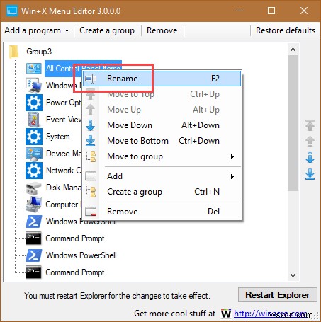 Windows 10의  Win + X  메뉴에서 제어판 옵션을 표시하는 방법
