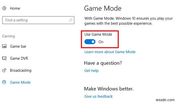 Windows 10 게임 모드 설명