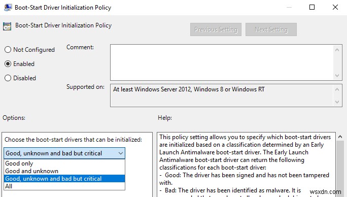 Windows 10에서 맬웨어 방지 부팅 시작 드라이버 정책을 구성하는 방법