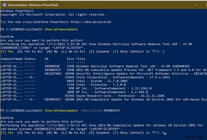 Windows 10에서 PowerShell을 사용하여 업데이트를 숨기는 방법