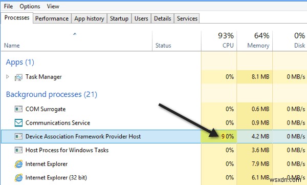 Windows 10에서 장치 연결 프레임워크 높은 CPU 사용량? 