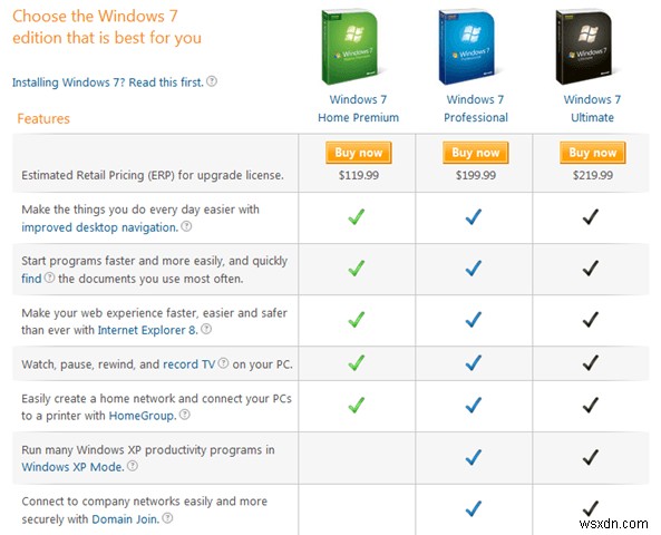 Windows 7 버전 비교 – 홈, 프로페셔널, 얼티밋 