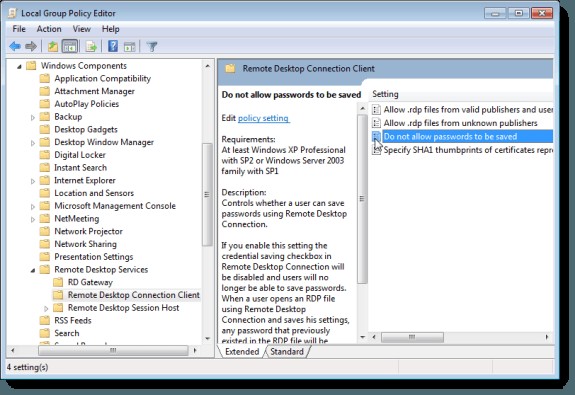 Windows에서 원격 데스크톱 자격 증명 저장 방지 