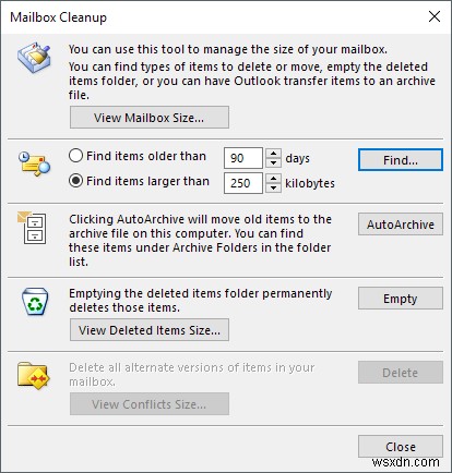 Outlook 메모리 사용량을 줄이는 방법