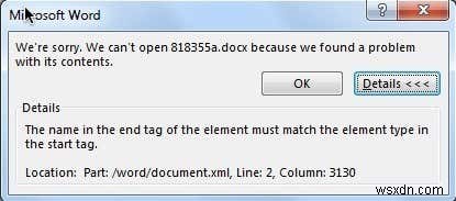 DOCX 파일을 열 때 종료 태그 시작 태그 불일치 오류 수정 
