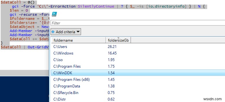 PowerShell:Windows에서 디스크의 폴더 크기 가져오기 