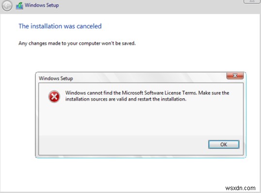 Windows에서 Microsoft 소프트웨어 사용 조건을 찾을 수 없음 