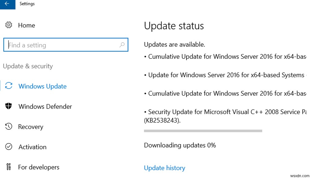 Windows Server 2016 및 Windows 10의  업데이트 다운로드 0%  문제 