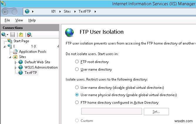 Windows Server 2016/2012 R2에서 사용자 격리를 사용하여 FTP 서버 구성 