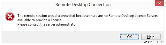 원격 세션 연결 끊김:사용 가능한 원격 데스크톱 라이선스 서버/클라이언트 액세스 라이선스 없음 