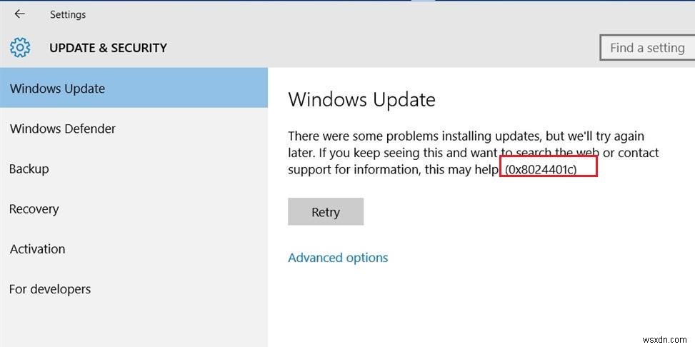 Windows 10:WSUS 오류 0x8024401c 