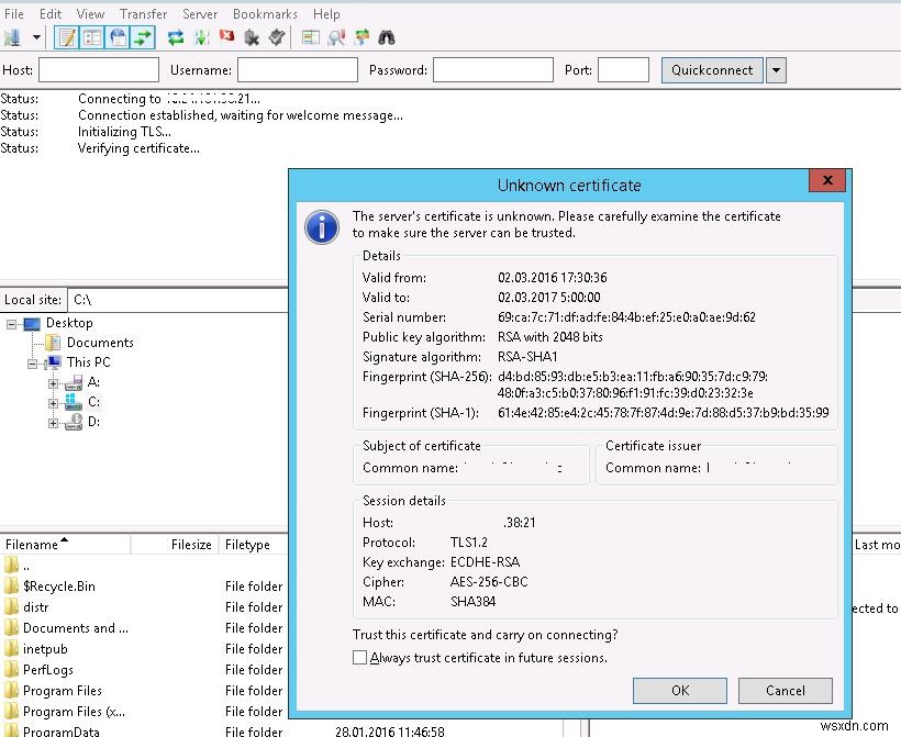 Windows Server 2012 R2의 FTPS(FTP over SSL) 