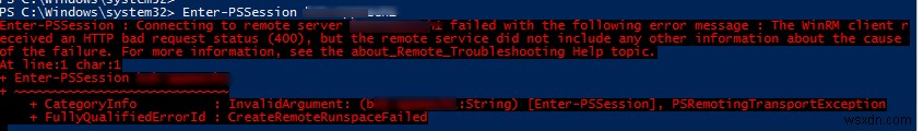 WinRM 클라이언트가 잘못된 HTTP 요청 상태를 수신했습니다(400). 