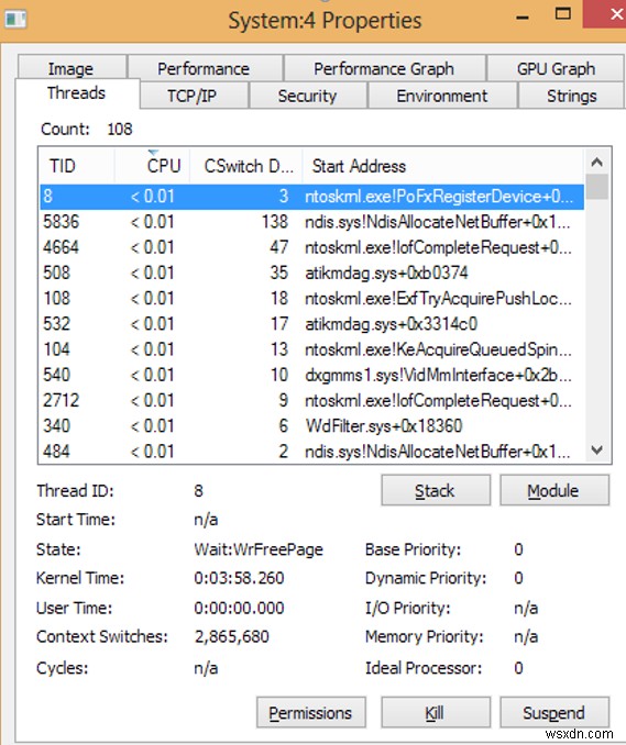 Windows 10의 Ntoskrnl.exe(시스템) 프로세스에 의한 높은 CPU 사용량 