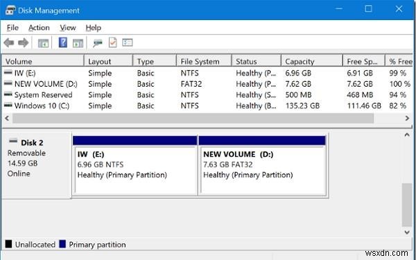 Windows 10에서 USB 드라이브에 여러 파티션 만들기 