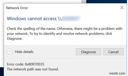 오류 코드:0x80070035 Windows 10 업데이트 후  네트워크 경로를 찾을 수 없습니다  