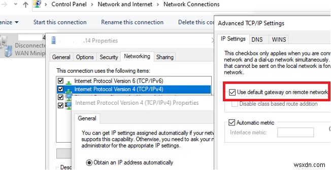 Windows 10:VPN 서버에 연결한 후 인터넷에 연결되지 않음 