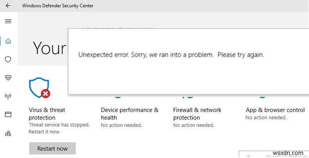 Windows Defender 위협 서비스가 중지되었습니다. 지금 다시 시작하십시오. 