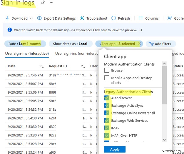 Microsoft 365에 대한 최신 또는 기본 인증 활성화 