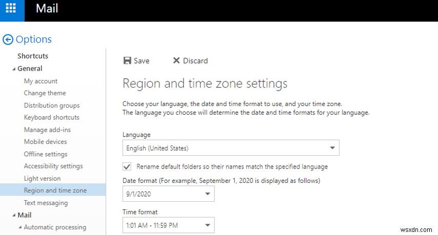 Outlook, Exchange 및 Microsoft 365의 지역 사서함 설정(언어, 시간대) 