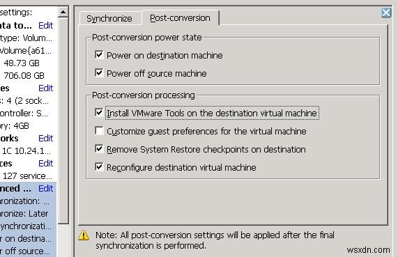 VMware Converter:P2V 또는 V2V 수행 시 변경 사항 동기화 