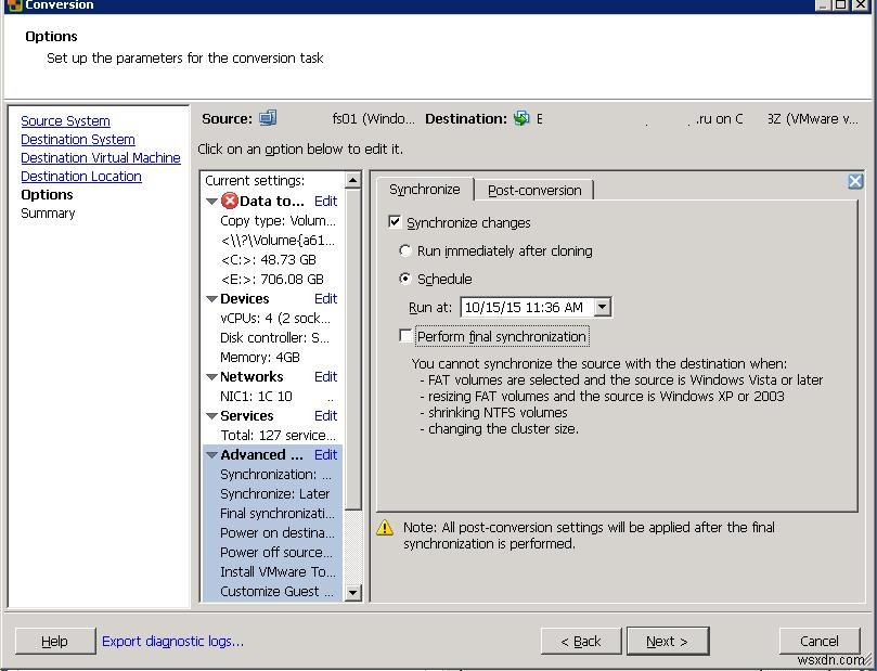 VMware Converter:P2V 또는 V2V 수행 시 변경 사항 동기화 