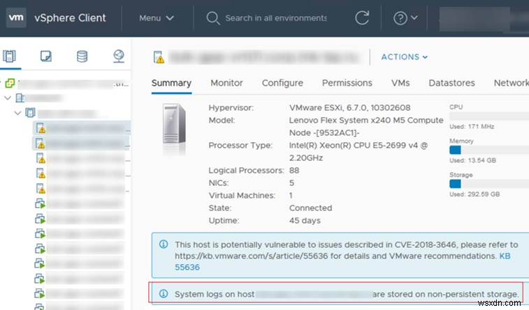 ESXi 호스트의 시스템 로그가 비영구 스토리지에 저장됨 