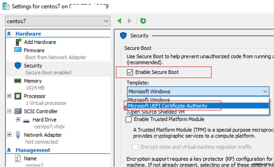 Hyper-V 부팅 오류:이미지의 해시 및 인증서가 허용되지 않습니다. 