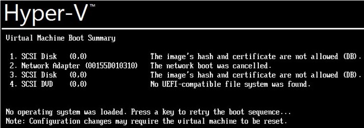 Hyper-V 부팅 오류:이미지의 해시 및 인증서가 허용되지 않습니다. 