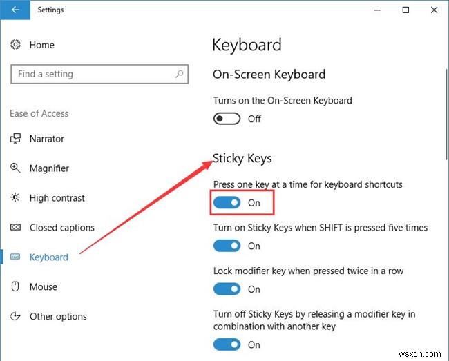 Windows 10에서 고정 키를 켜거나 끄는 방법 