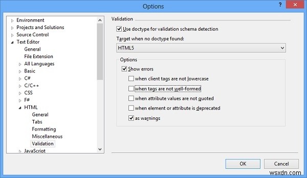 Visual Studio에 HTML5 유효성 검사 추가 