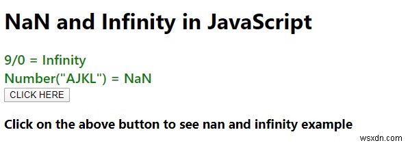 JavaScript의 NaN 및 Infinity 예제 