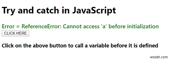 예제를 통해 JavaScript의 try 및 catch 문을 설명합니다. 