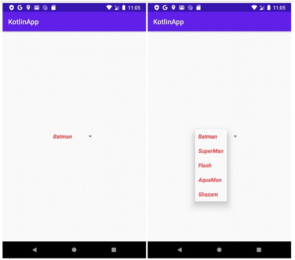 Kotlin을 사용하여 Android 앱에서 스피너 텍스트 크기와 텍스트 색상을 변경하는 방법은 무엇입니까? 