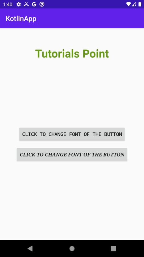 Kotlin을 사용하여 Android에서 버튼 텍스트의 특정 글꼴을 설정하는 방법은 무엇입니까? 