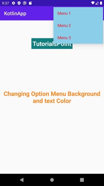 Kotlin을 사용하여 Android에서 메뉴 항목의 텍스트 색상을 변경하는 방법은 무엇입니까? 