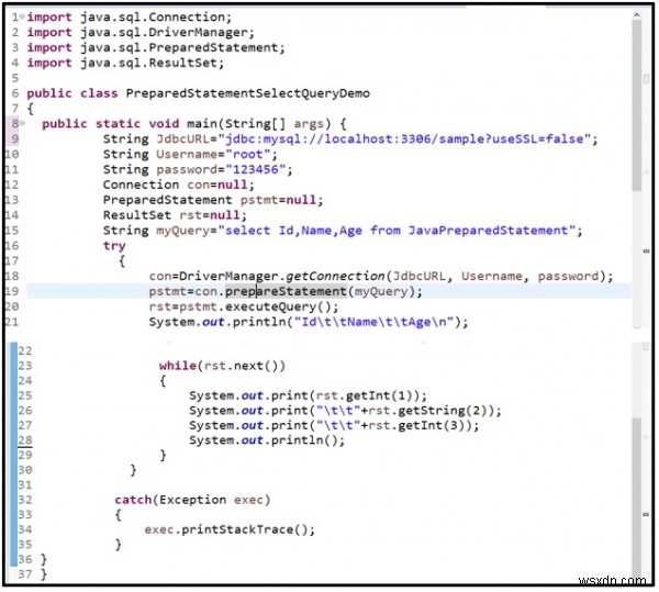 MySQL과 함께 Java에서 선택 쿼리에 준비된 문을 사용하는 방법은 무엇입니까? 