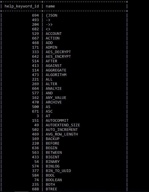 MySQL 명령줄 유틸리티를 사용하여 MySQL의 모든 예약어를 나열하는 방법이 있습니까? 