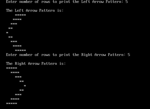C에서 오른쪽 및 왼쪽 화살표 패턴을 인쇄하는 프로그램 