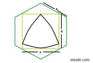 C에서 육각형 안에 새겨져 있는 정사각형 안에 새겨져 있는 가장 큰 Reuleaux 삼각형은? 