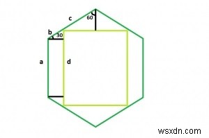 C에서 육각형 안에 새겨져 있는 정사각형 안에 새겨져 있는 가장 큰 Reuleaux 삼각형은? 