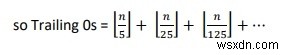 숫자의 계승에서 후행 0을 계산하는 C/C++ 프로그램? 