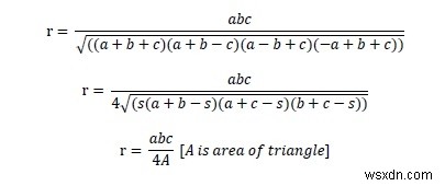 C++로 주어진 변을 가진 삼각형의 외접원의 넓이 