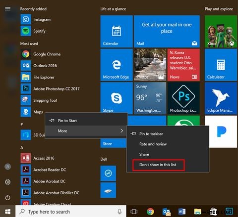 Windows 10 시작 메뉴에서 가장 많이 사용하는 앱을 제거하는 방법 